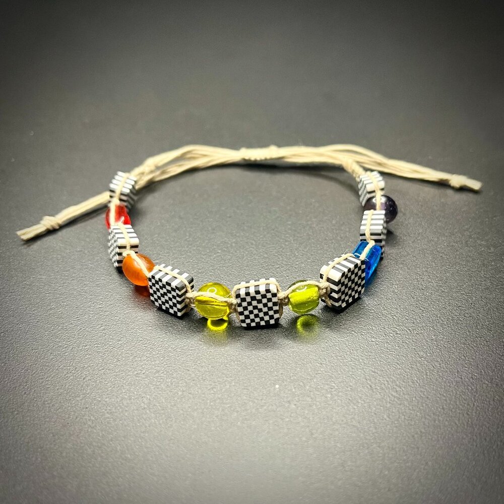 Braided Hemp Bracelet | Checkered Clay and Glass Beads | Handmade | Y2K